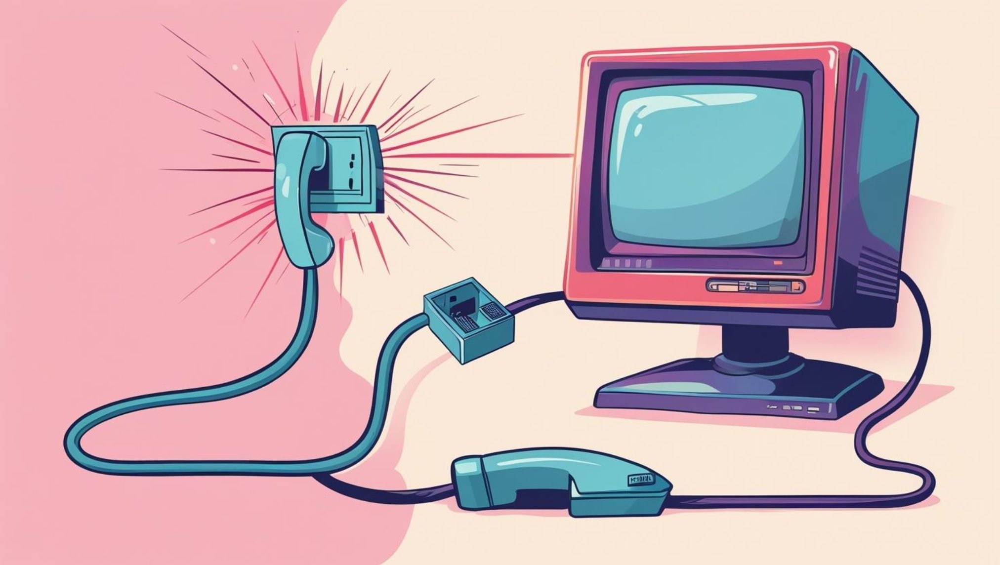 An illustration showing a computer linked to a phone, symbolizing connectivity and digital communication.
